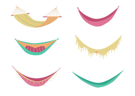 Canvas hammocks set for summer relaxation, flat vector illustration isolated.のイラスト素材
