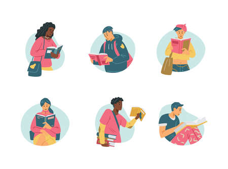 Guys, girls readers in flat vector illustration isolated on white backgroundのイラスト素材