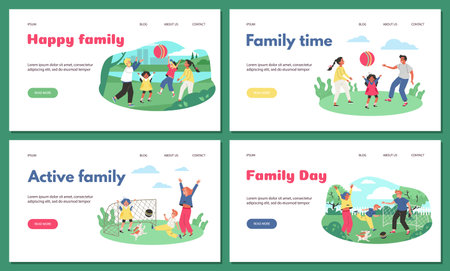 Website mockups set with active sports families, flat vector illustration.のイラスト素材