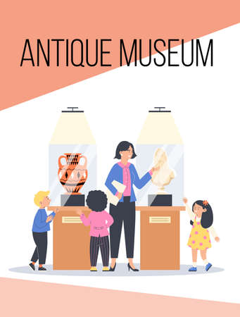 Antique museum lectures and excursions for children, flat vector illustration.のイラスト素材