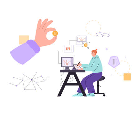 NFT non-fungible token marketplace, flat vector illustration isolated.のイラスト素材