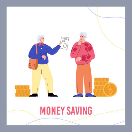 Money savings plan banner with retired pensioners, flat vector illustration.のイラスト素材
