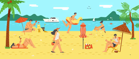 Landscape with beach holiday. People rest on beach, on seashore, vector flat illustration.のイラスト素材