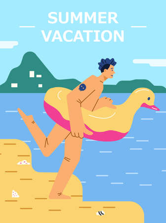 Tourist, young man is resting on beach. A man runs to swim in sea, vector flat illustration.のイラスト素材