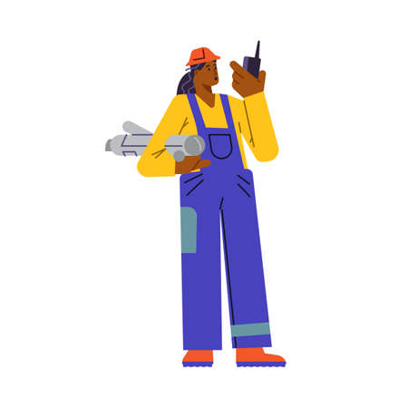 Surveyor woman character with blueprints and walkie talkie flat styleのイラスト素材