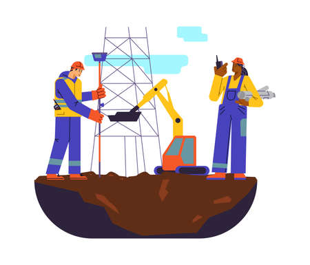Survey works scene with people, machine and special equipment flat styleのイラスト素材