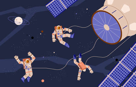 Three astronauts flying in outer space near cosmic station flat styleのイラスト素材