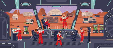 Spaceship interior landed on mars planet, flat vector illustration.のイラスト素材