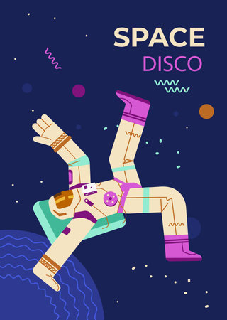 Space disco banner for party on cosmic thematic flat vector illustration.のイラスト素材