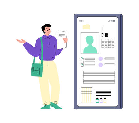 Confused man looking at paper medical records, phone with electronic health information.のイラスト素材