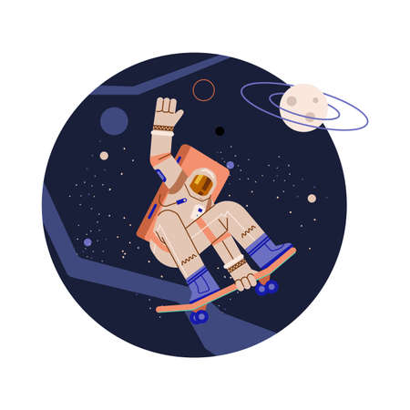 Funny astronaut with skateboard in outer space, sticker template flat vector illustration.のイラスト素材