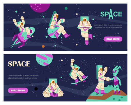 Astronaut travels in space, man in space, in the galaxy, in gravity, vector flat illustration.のイラスト素材