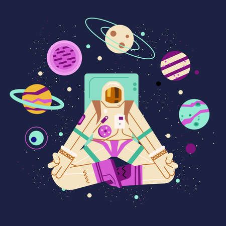 Astronaut in scaffron surrounded by planets, flat cartoon vector illustration.のイラスト素材