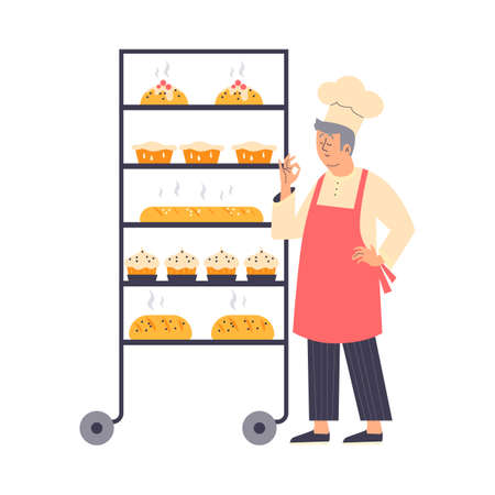 Baker stands in front of rack with ready-made buns and cakes, vector isolated.のイラスト素材