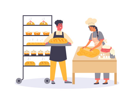 Bakers make dough and preparing loaves and cakes, vector illustration isolated.のイラスト素材