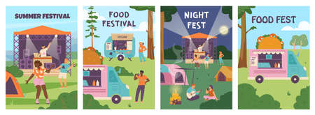 Summer food festival event, people eat vegan meals by the truck and listen to music, poster flat vector illustration.のイラスト素材