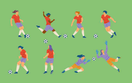 Female soccer player flat vector illustration. Girl playing football, running and kick the ball. Women soccer team set.のイラスト素材