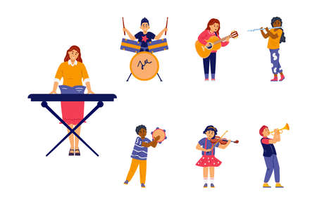 Children and teacher play musical instruments, flat vector illustration isolated.のイラスト素材