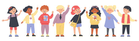 Smiling multicultural children waving hands, flat vector illustration isolated.のイラスト素材