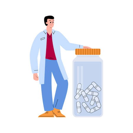 Doctor with big abstract bottle of pills, flat vector illustration isolated on white background.のイラスト素材