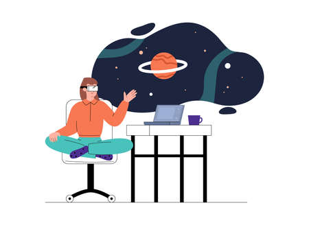 Woman traveling to space with VR glasses, flat vector illustration isolated on white background.のイラスト素材