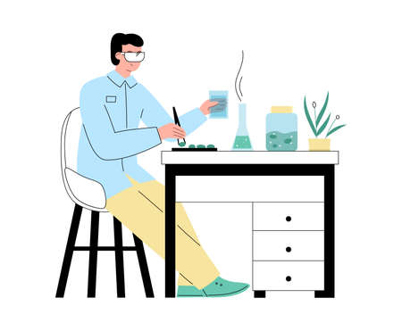 Scientist agronomist examining plants, flat vector illustration isolated.のイラスト素材