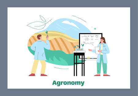 Scientist studying agronomy and writing on board, flat vector illustration isolated on white background.のイラスト素材