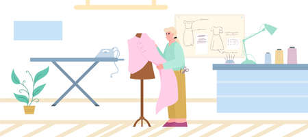 Woman tailor character standing with mannequin and making clothes flat styleのイラスト素材