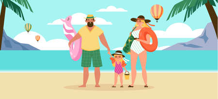 Family with child at tropical sea beach flat cartoon vector illustration.のイラスト素材