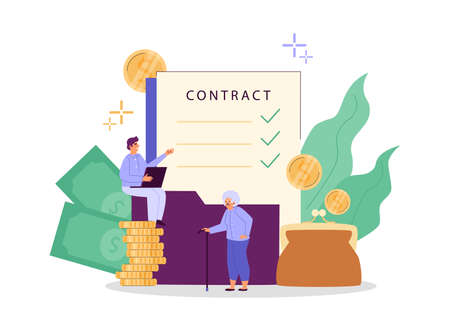 Pension insurance, social support, vector flat illustration on a white background.のイラスト素材
