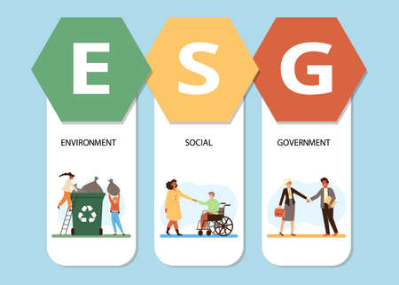 ESG infographic with people care about environment and minorities, flat vector illustration.の写真素材