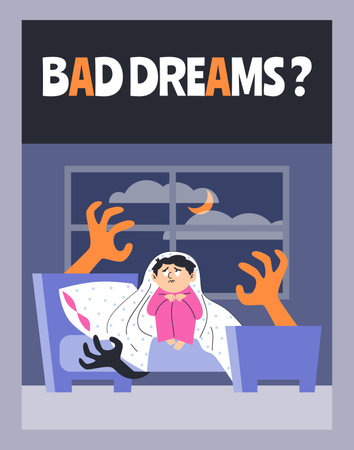 Kids fear, horror dream or nightmare problems, flat vector illustration.のイラスト素材