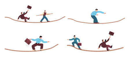 Businessmen balancing and falling from the rope, flat vector illustration isolated on white background.のイラスト素材