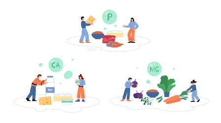 Minerals infographic with abstract people, calcium, magnesium and phosphorus - flat vector illustration on white.のイラスト素材