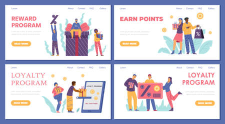 Reward program and earn point website templates set, flat vector illustration.のイラスト素材