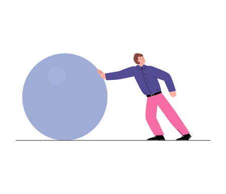 Strong man pushing big stone with great effort, vector illustration isolated.のイラスト素材
