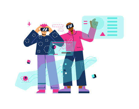 Two male friends in VR goggles exploring metaverse with hologram, flat vector illustration isolated on white background.のイラスト素材