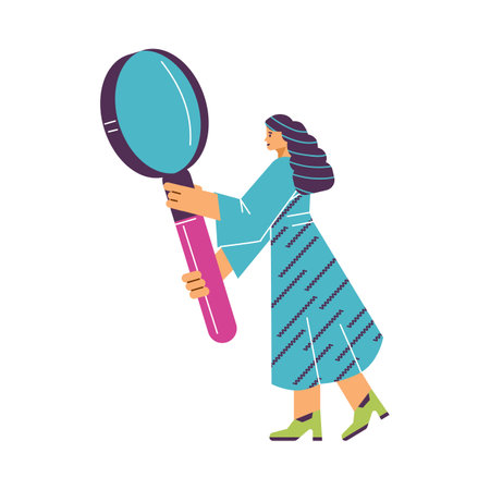 Woman holding magnifying glass cartoon flat vector illustration isolated.のイラスト素材