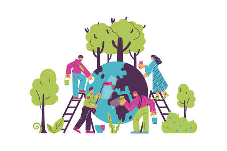 Climate change banner with people cleaning the Earth, flat vector isolated.のイラスト素材