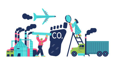 Pollution with carbon footprint or CO2, factory, airplane and truck - flat vector illustration isolated on white.のイラスト素材