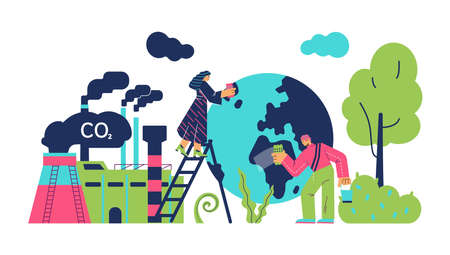 Factory, planet and people characters flat style, vector illustrationのイラスト素材