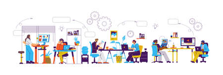 Outsource work infographics with office employees working in teamwork, flat vector illustration on...