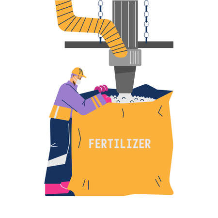 Factory worker fills a bag with fertilizers, flat vector illustration isolated.のイラスト素材