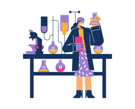 Woman scientist in face mask holds flask with chemical fluid, flat vector illustration isolated on white background.のイラスト素材
