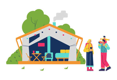 Huge tent house for young family with child flat styleのイラスト素材