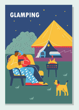 Happy couple with dog relaxing at glamping, big tent with amenities - poster template flat vector illustration.のイラスト素材