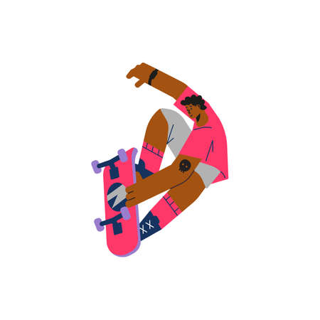 Skateboarder male character doing a jumping trick, vector illustration isolated.のイラスト素材