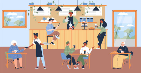 Diverse people relaxing in modern coffee shop or cafe, cozy interior, flat vector illustration.のイラスト素材