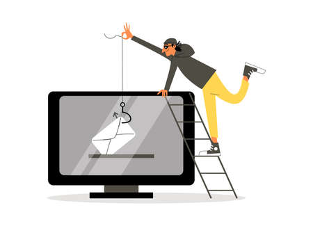 Hacker attacks computer with viruses, vector flat illustration on white background.