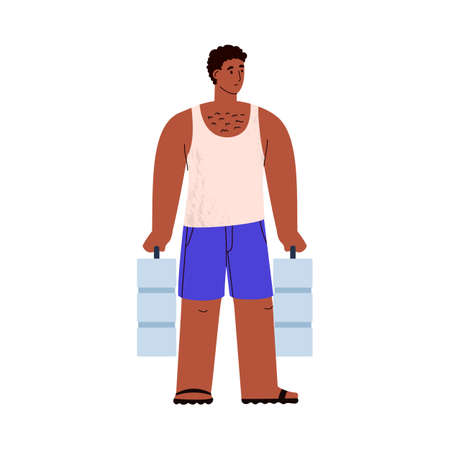 Sad African man holds water bottles, water scarcity concept - flat vector illustration isolated on white background.のイラスト素材